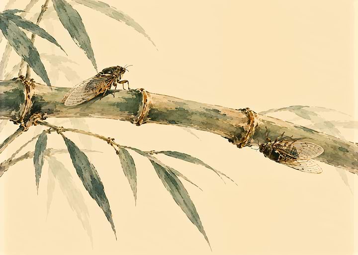 Two Cicadas on Bamboo Branch