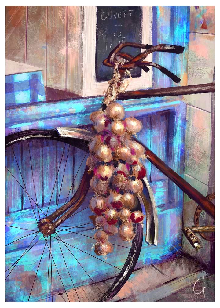 Onions Hanging on Vintage Bicycle