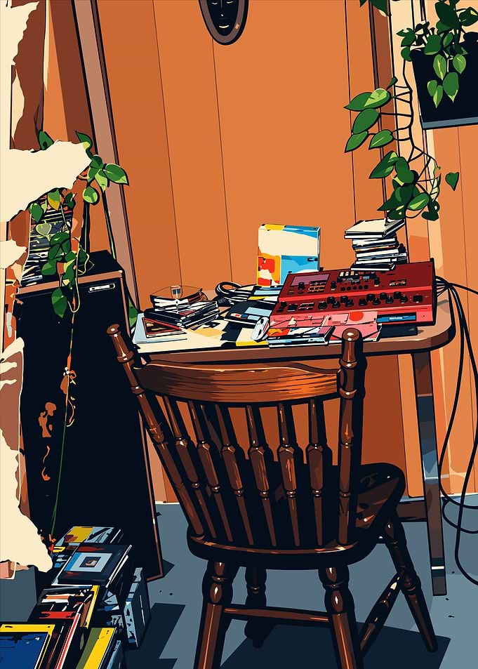 Retro Music Production Workspace Illustration