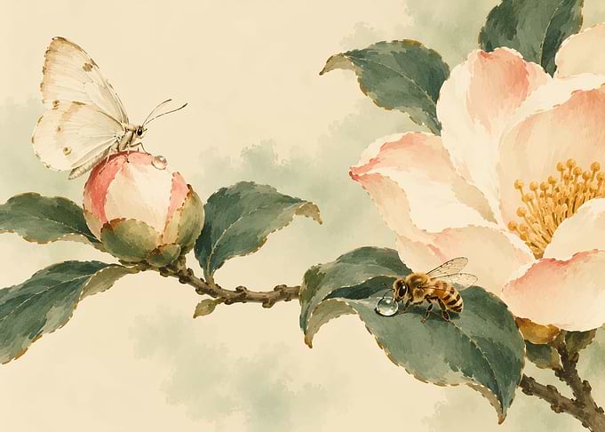 Butterfly and Bee on Camellia