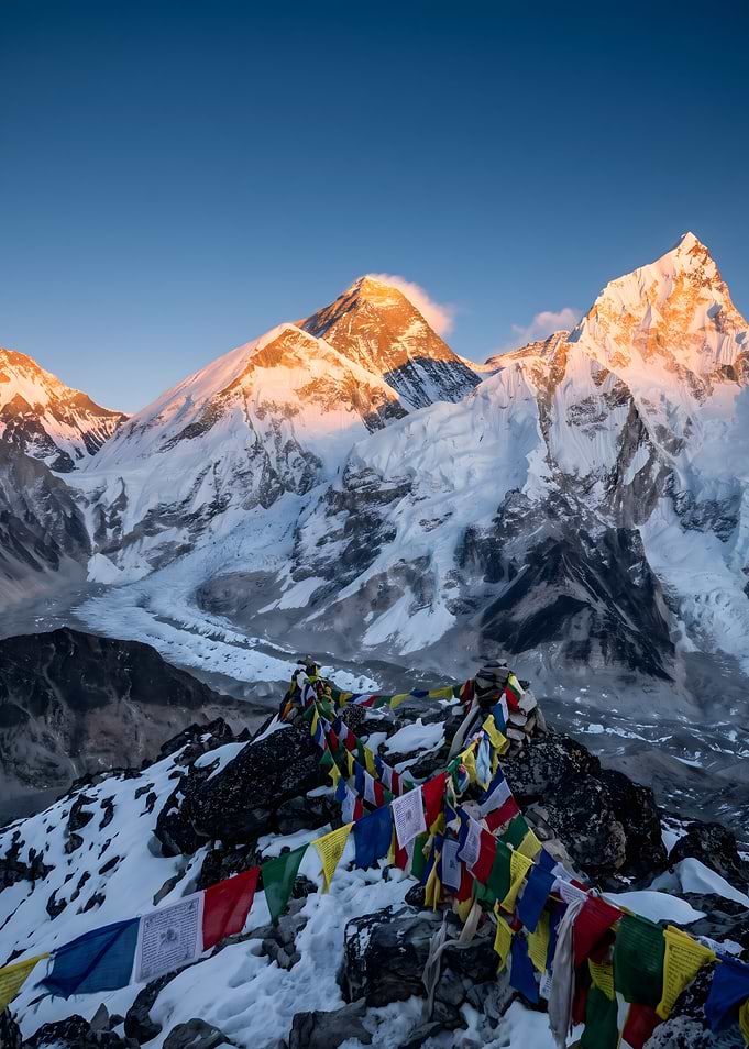 Mount Everest at Sunrise with Prayer Flags