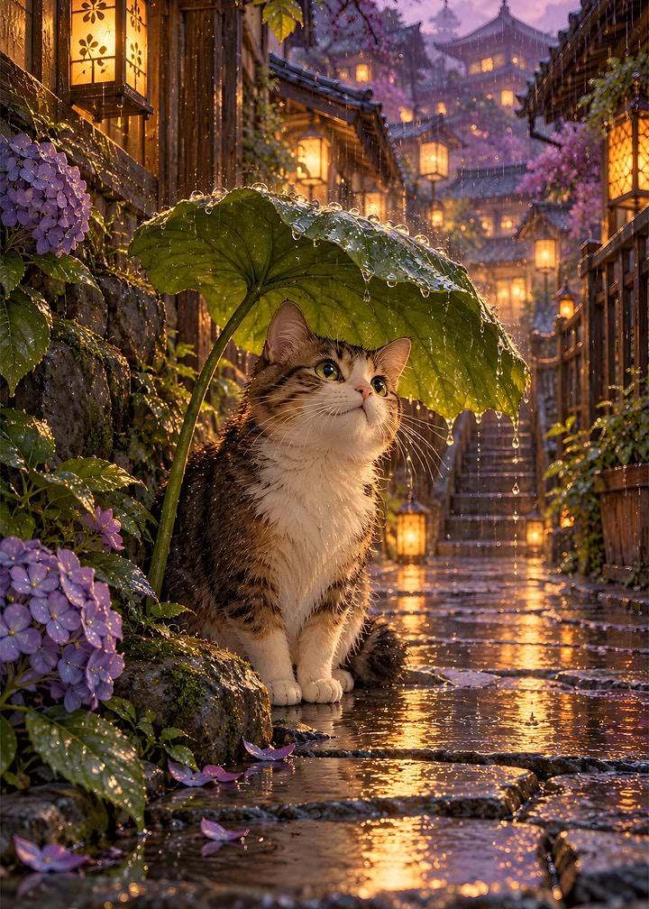 Cat Under Leaf Umbrella Rainy Alley Art