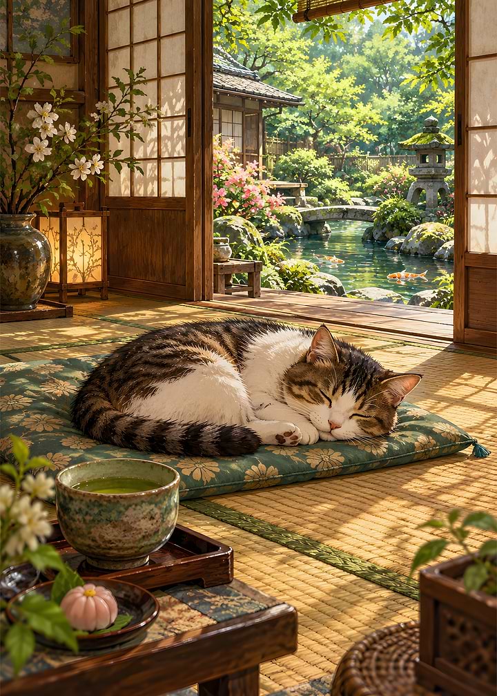 Cat Napping In Japanese Tea House Art