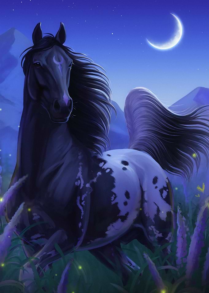 Mystical Black Horse Under Moonlight