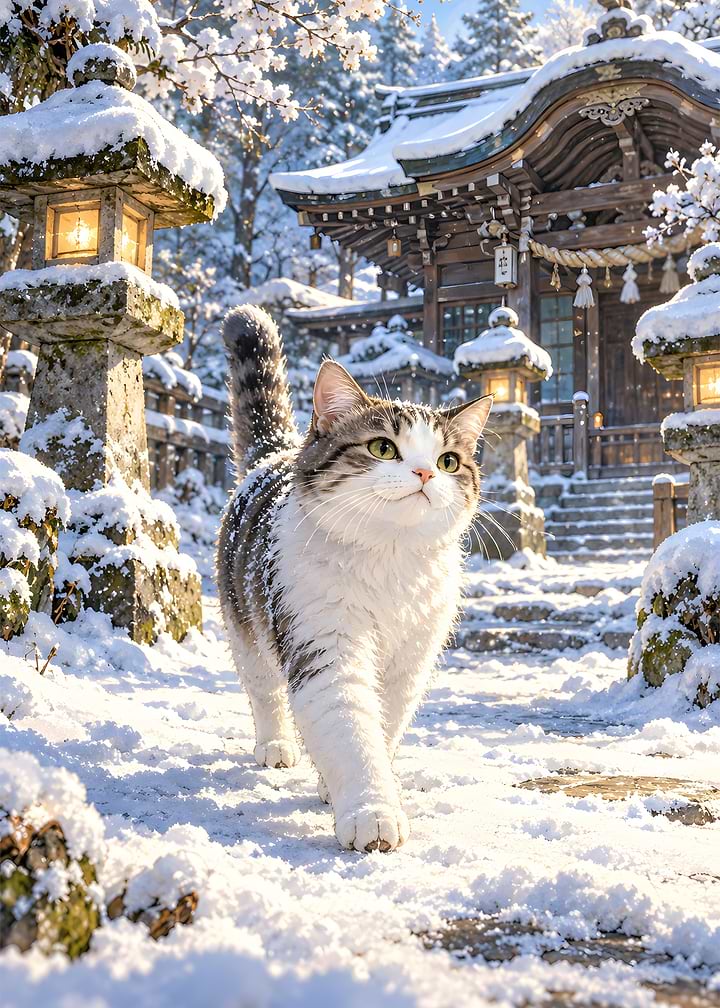 Cat In Snowy Shrine Courtyard Art