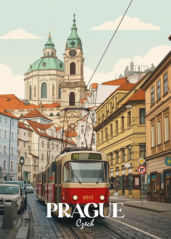 Prague Street Scene with Tram