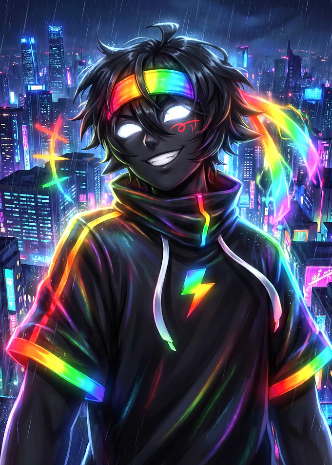 Spokeishere Neon Rainbow Anime Boy in City