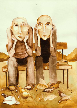 'crumbs' Two men are sitting on the bench and feeding b ...