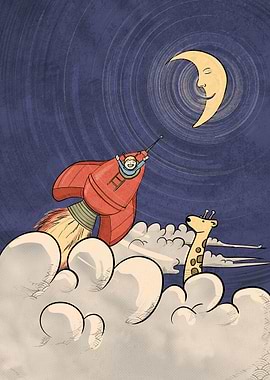 Kid flying off to space with his built rocket. The gira ...