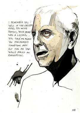 Leonard Cohen painted with coffee and ink.