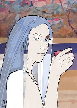 graphic collage. Young girl with purple hair with glass ...