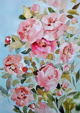 Pink and red, beauty flowers painted with watercolors o ...