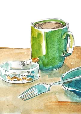 Fast breakfast. Green mug filled with cafe, fork on the ...