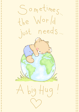 A cute baby bear boy sleeping on a large globe with the ...