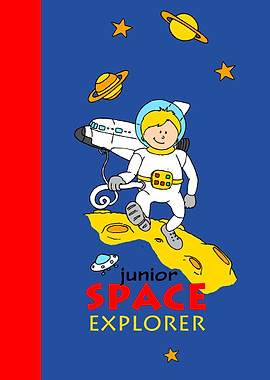 A blonde boy in a space suit walking on the surface of ...