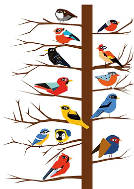 birds I- Tree with birds. Modern illustration, flat des ...