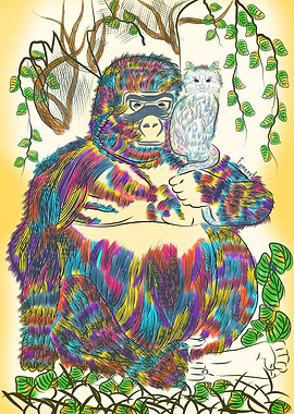 Vibrant Jungle Gorilla and his Cat