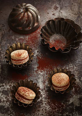 French macarons on rustic board in antique vintage baki ...