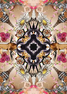 Abstract floral pattern with lions, tigers and angels