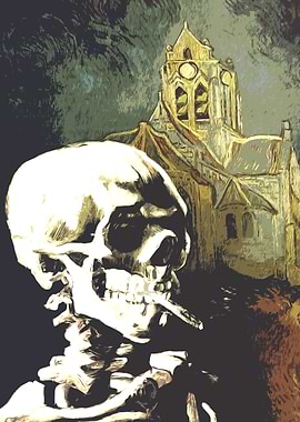 Skull with burning cigarette at Auvers church