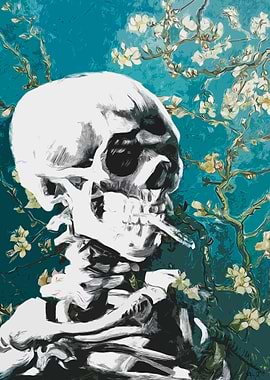 Skull with burning cigarette on cherry blossom