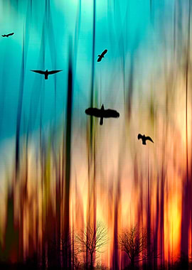 Abstract forest scene at sunset. Digitally manipulated ...