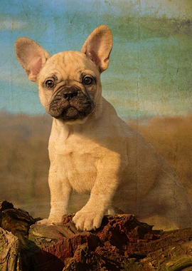 Cute French Bulldog puppy, vintage look, a faithfully f ...