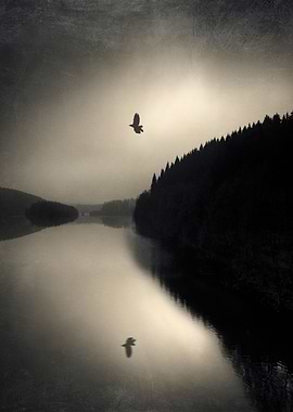 Lake on a winter afternoon - texturized photograph