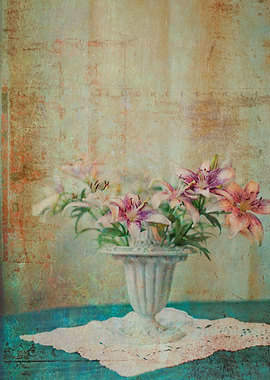 A still life of Peruvian Tiger Lilies in an antique vin ...