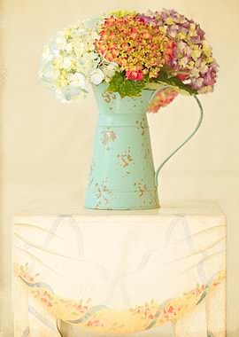 Still life of Colorful Hydrangea Flowers in a Vintage W ...