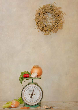 Still life of authentic Household Scale on sideboard ad ...