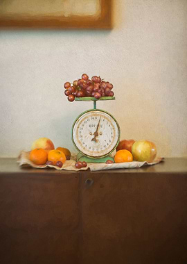 Still life of an authentic Household Scale adorned with ...