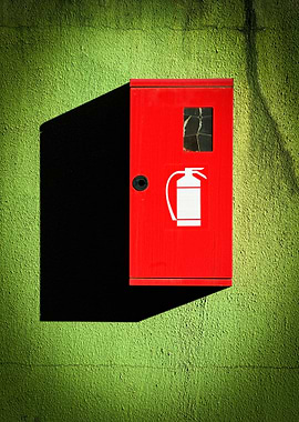 Red fire extinguisher box on a green wall - ©Silvia Gan ...