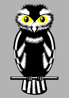 Owl. A black and white owl with huge yellow eyes. This ...