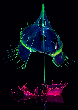 In blue, green and pink