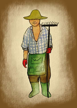 Happy farmer handing a rake with gloves, wearing straw ...