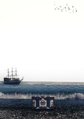 treasure chest with pirate boat