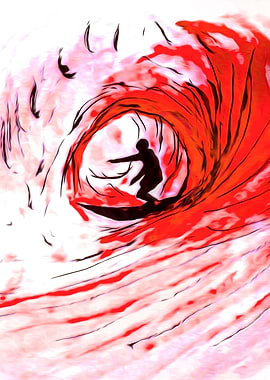 Lone Surfer in hot red, A digitally Augmented watercol ...