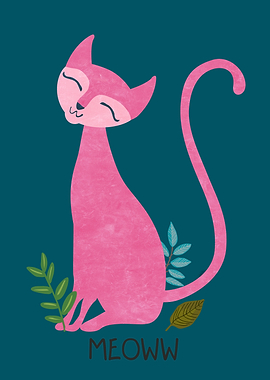 Meoww - Pink kitten on a green color