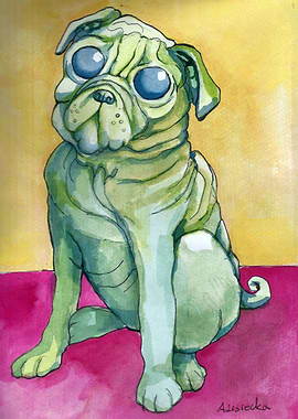 Fancy a green pug stearing at you with its huge cute bl ...