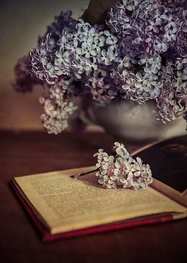 Still life with open book and bouquet of fresh lilacs