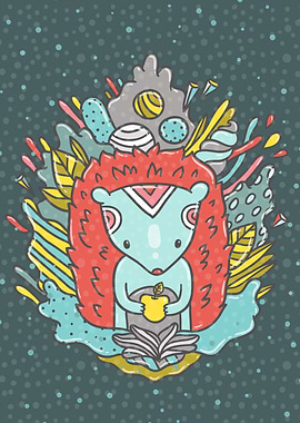 Cute cartoon hedgehog holding an apple