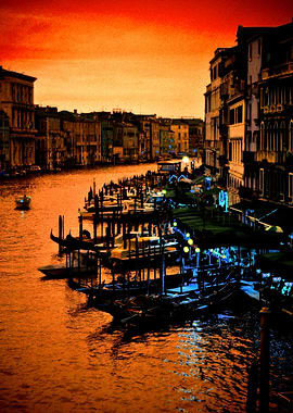 Venice at night, taken from the Rialto Bridge.