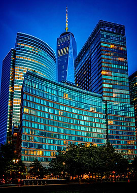 Battery Park City in downtown New York at sunset featu ...