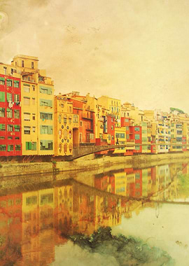 The river that reflects the city. Color photo of Girona ...
