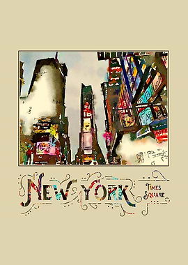 Digital watercolor of a corner of Times Square at night ...