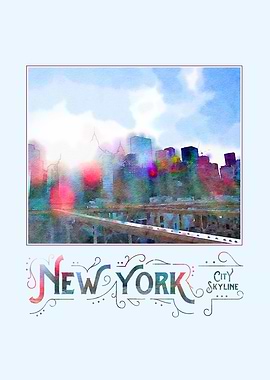 Digital watercolor of New York City skyline as seen fro ...