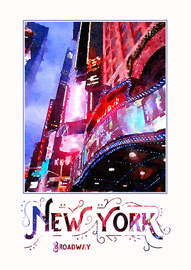 Digital watercolor of colorful neon lights and billboar ...