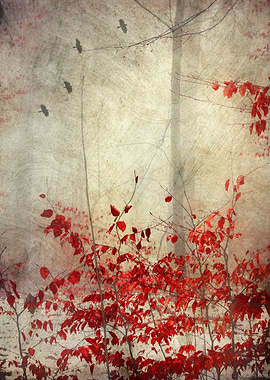 Scarlet red leaves on a small tree in a snowy forest - ...