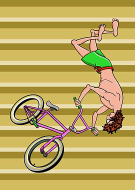 A cartoon of a freestyle BMX rider flipping his bike.